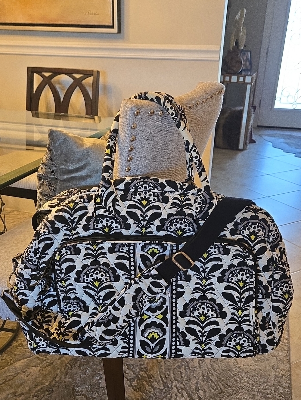 New Vera Bradley Large Black & White Quilted Travel Duffel with Yellow Accents